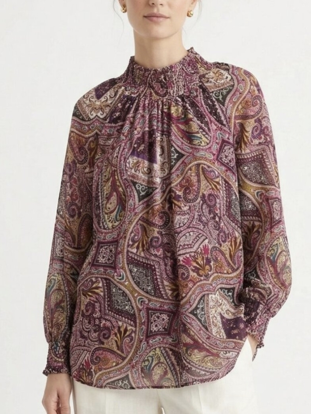 Chico's Smocked Moc Neck Bohemian Scroll Top